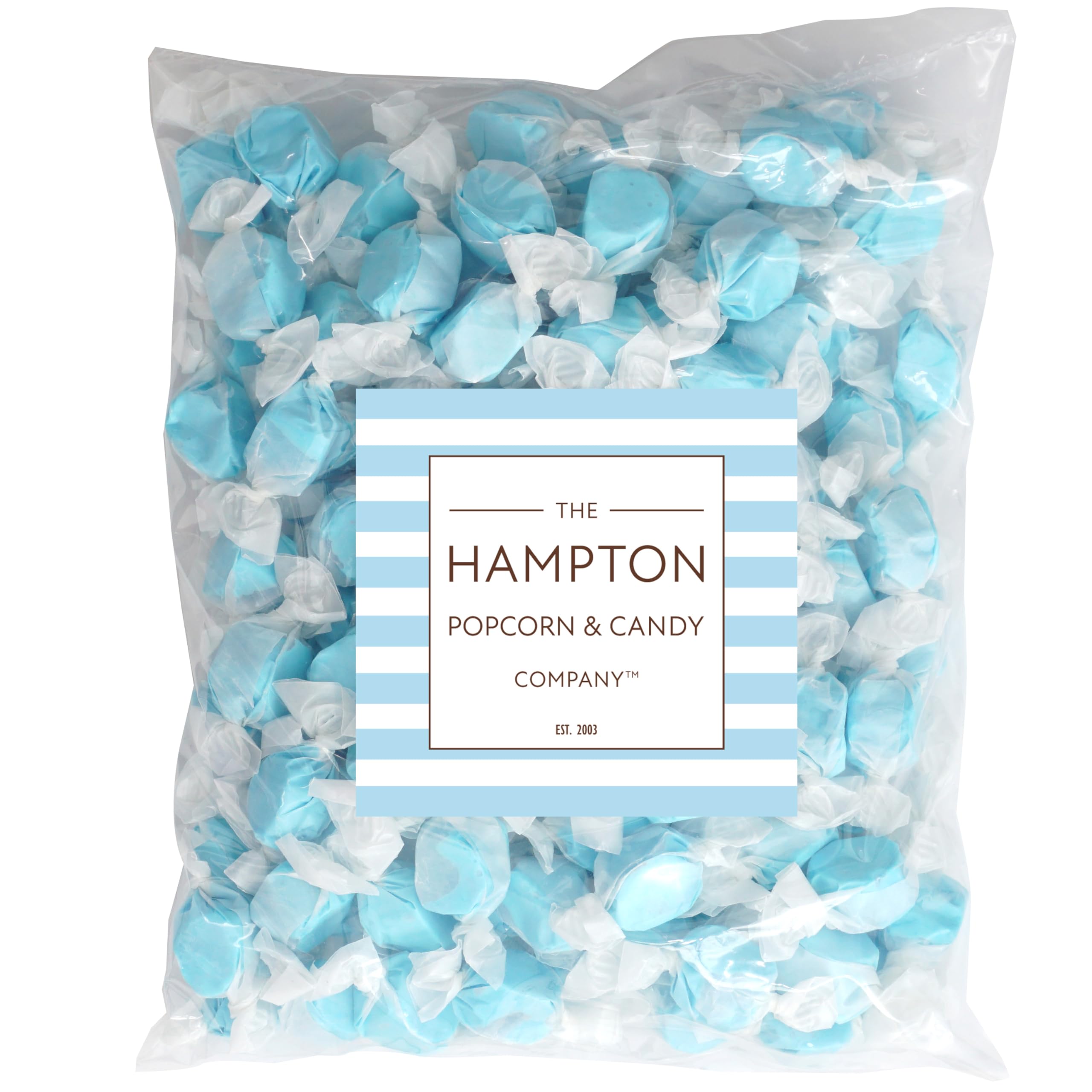 The Hampton Candy blue raspberry taffy pieces, individually wrapped for freshness and easy gifting.