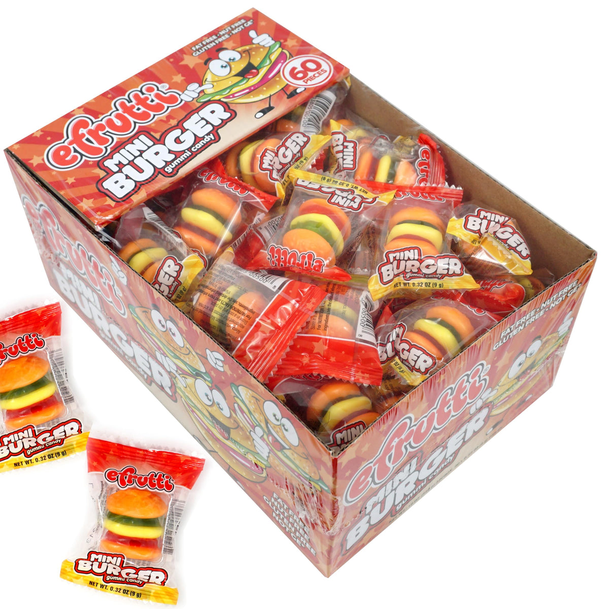 The Hampton Candy Company efrutti gummy mini burger display box, ideal for parties and sharing.