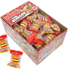 The Hampton Candy Company efrutti gummy mini burger display box, ideal for parties and sharing.