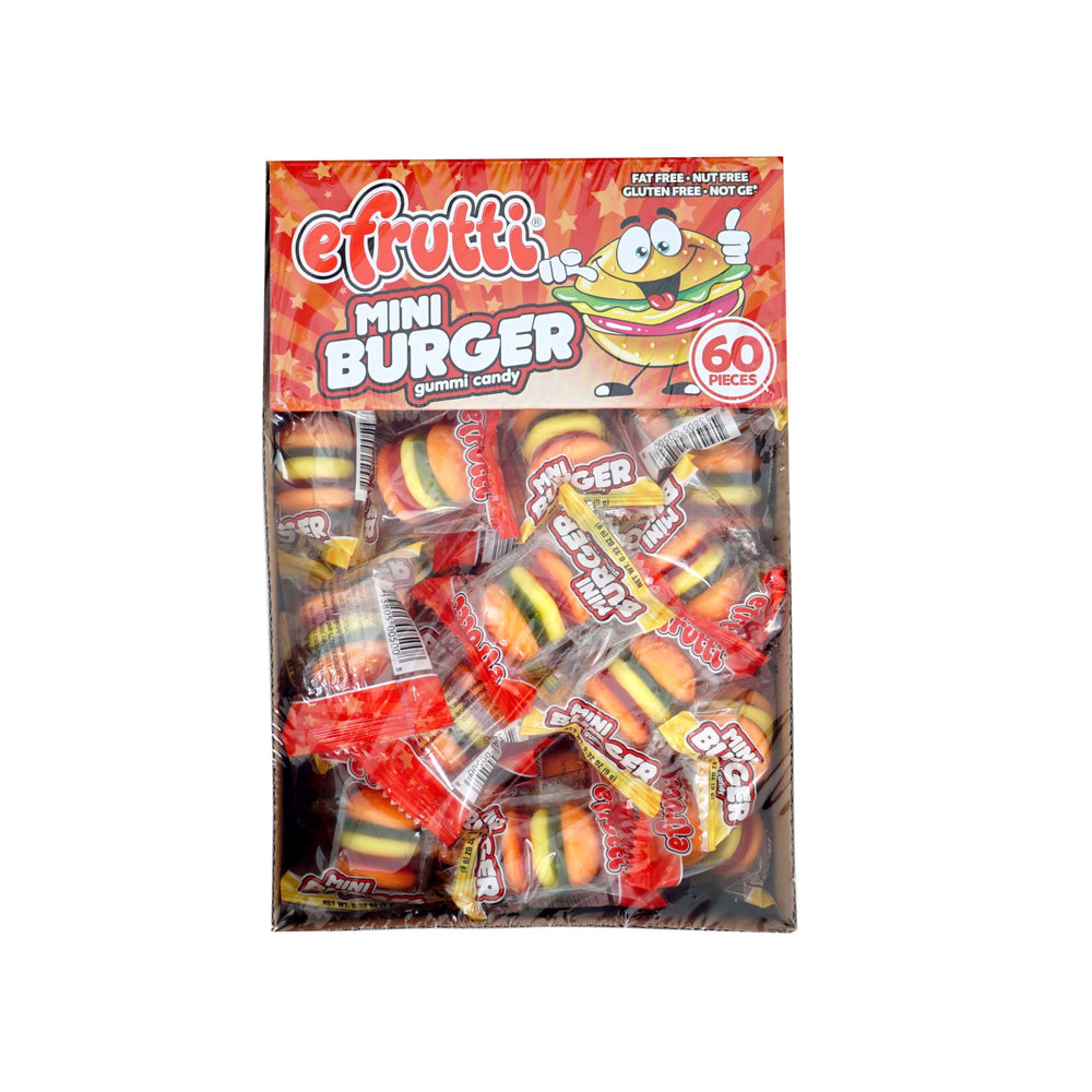 The Hampton Candy Company efrutti gummy mini burger packaging shows convenient individual packs for grab-and-go snacking.