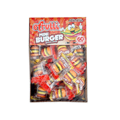 The Hampton Candy Company efrutti gummy mini burger packaging shows convenient individual packs for grab-and-go snacking.