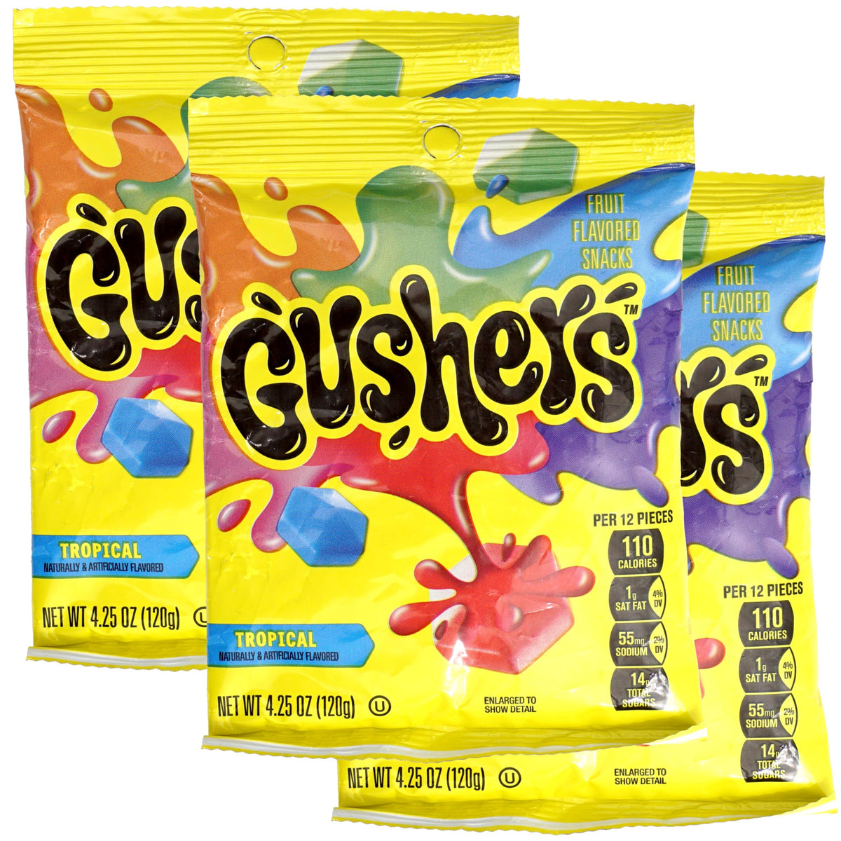 Hampton Gushers Tropical Flavors 3-pack bags: colorful fruit centers for on-the-go snacking.