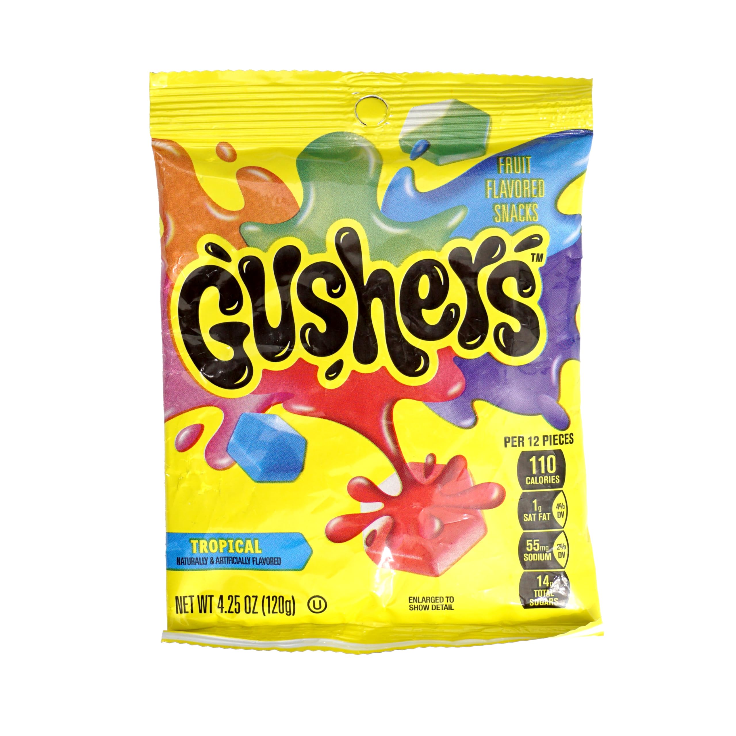 Gushers tropical close-up: juicy fruit gush in each bite, ideal lunchbox treat.