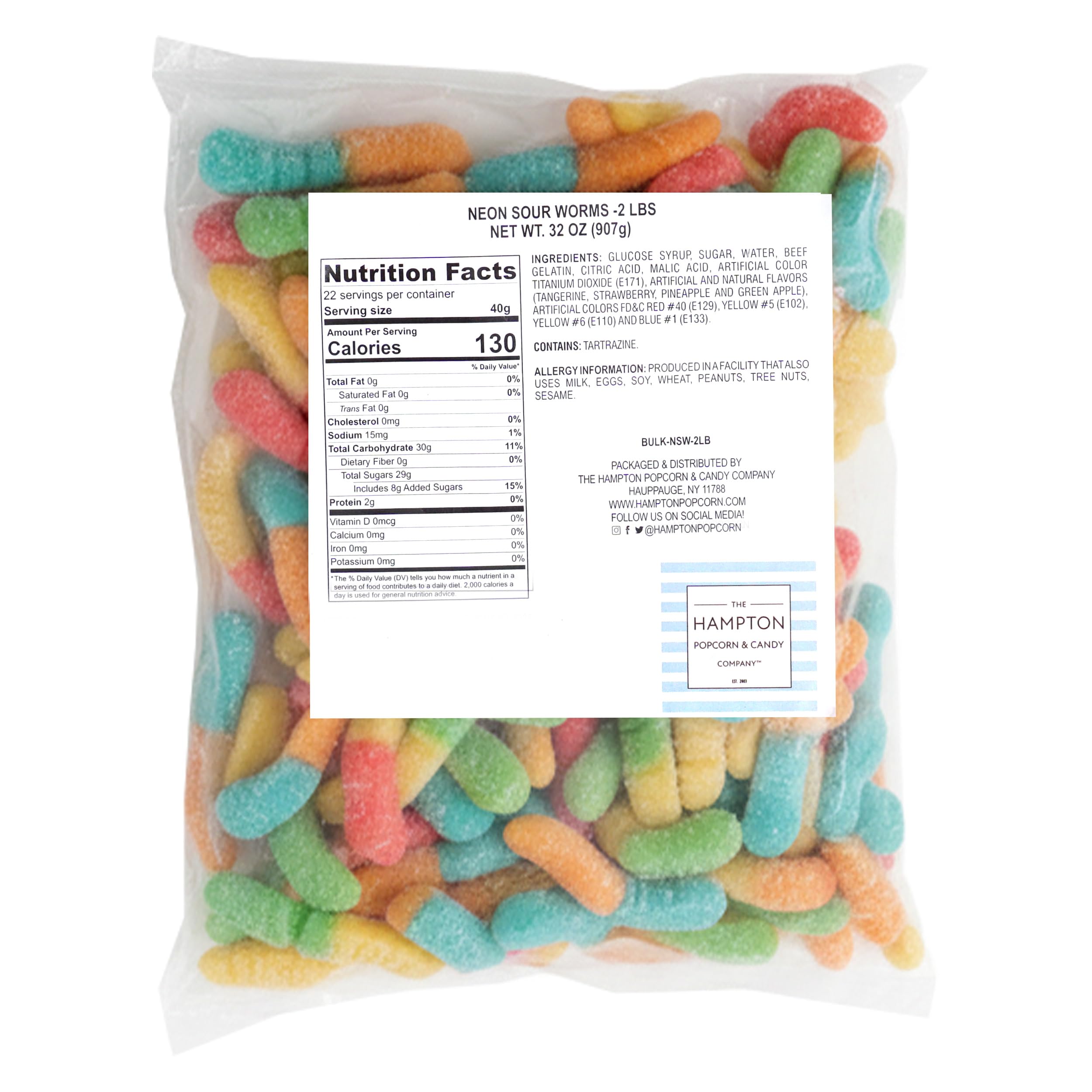 Close-up of chewy neon sour gummy worms showing bright color and texture.