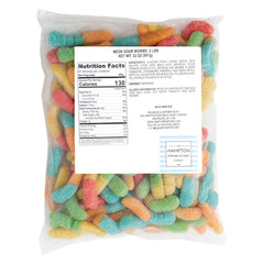 Close-up of chewy neon sour gummy worms showing bright color and texture.