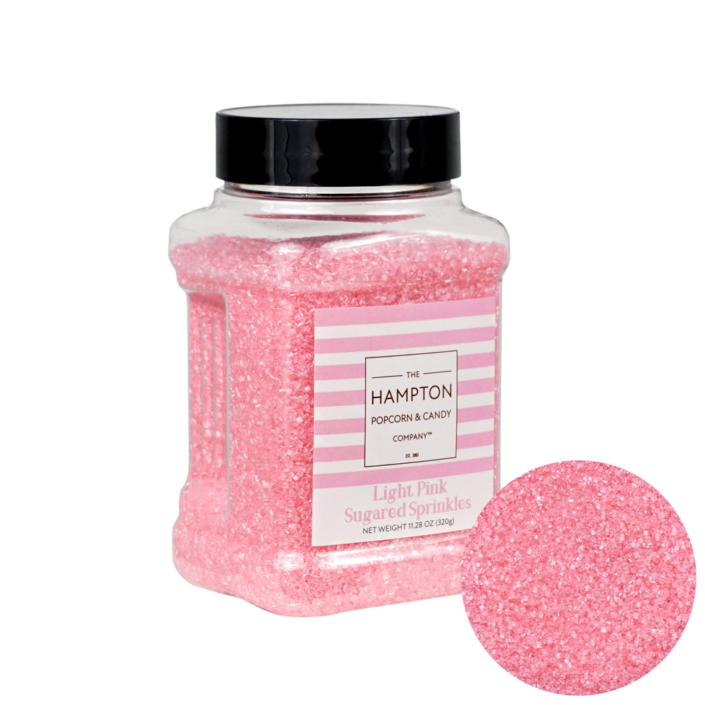 The Hampton Candy Company pink sanding sugar finish for baking creates eye-catching desserts.