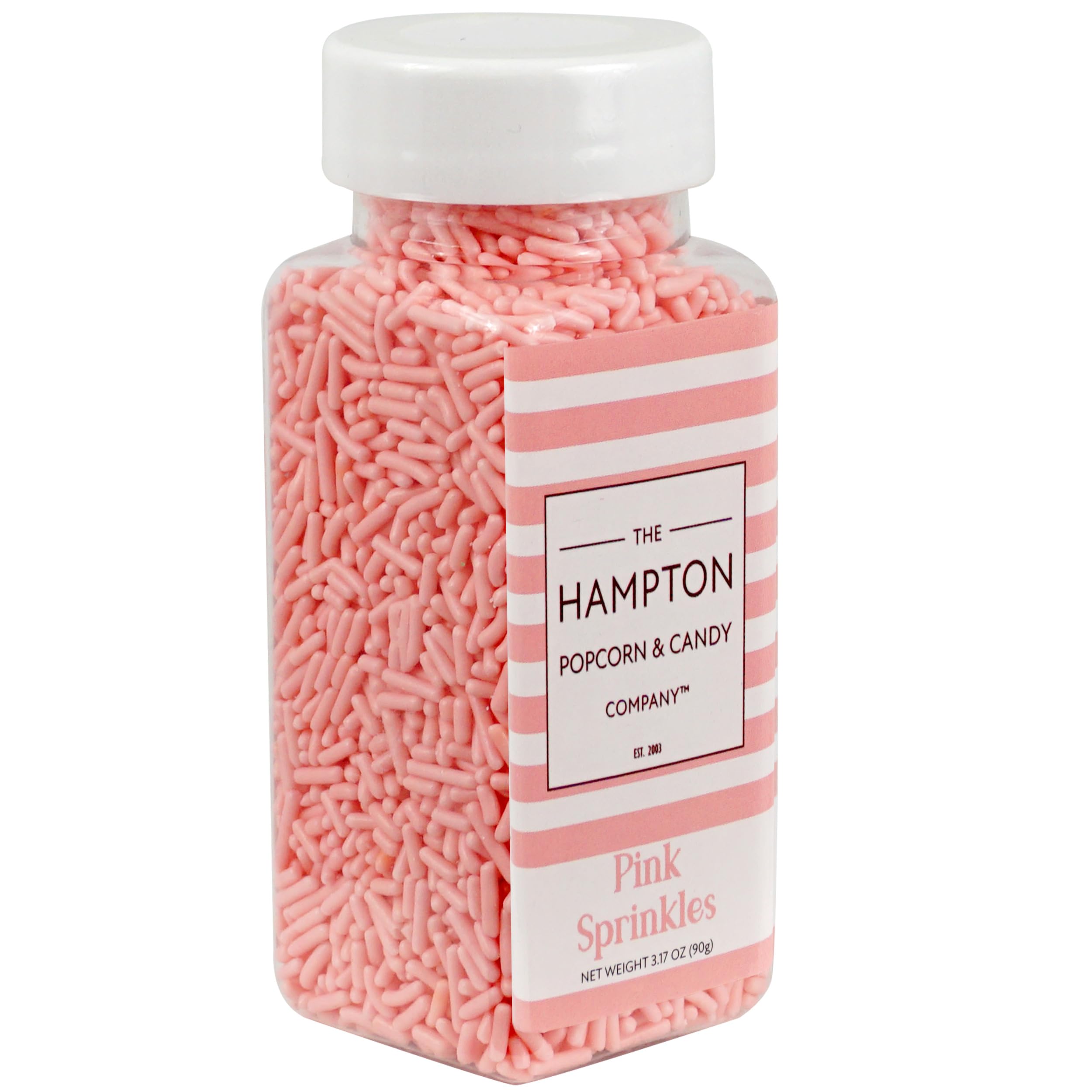 The Hampton Candy Company pink sprinkles jar for cake decorating and baking