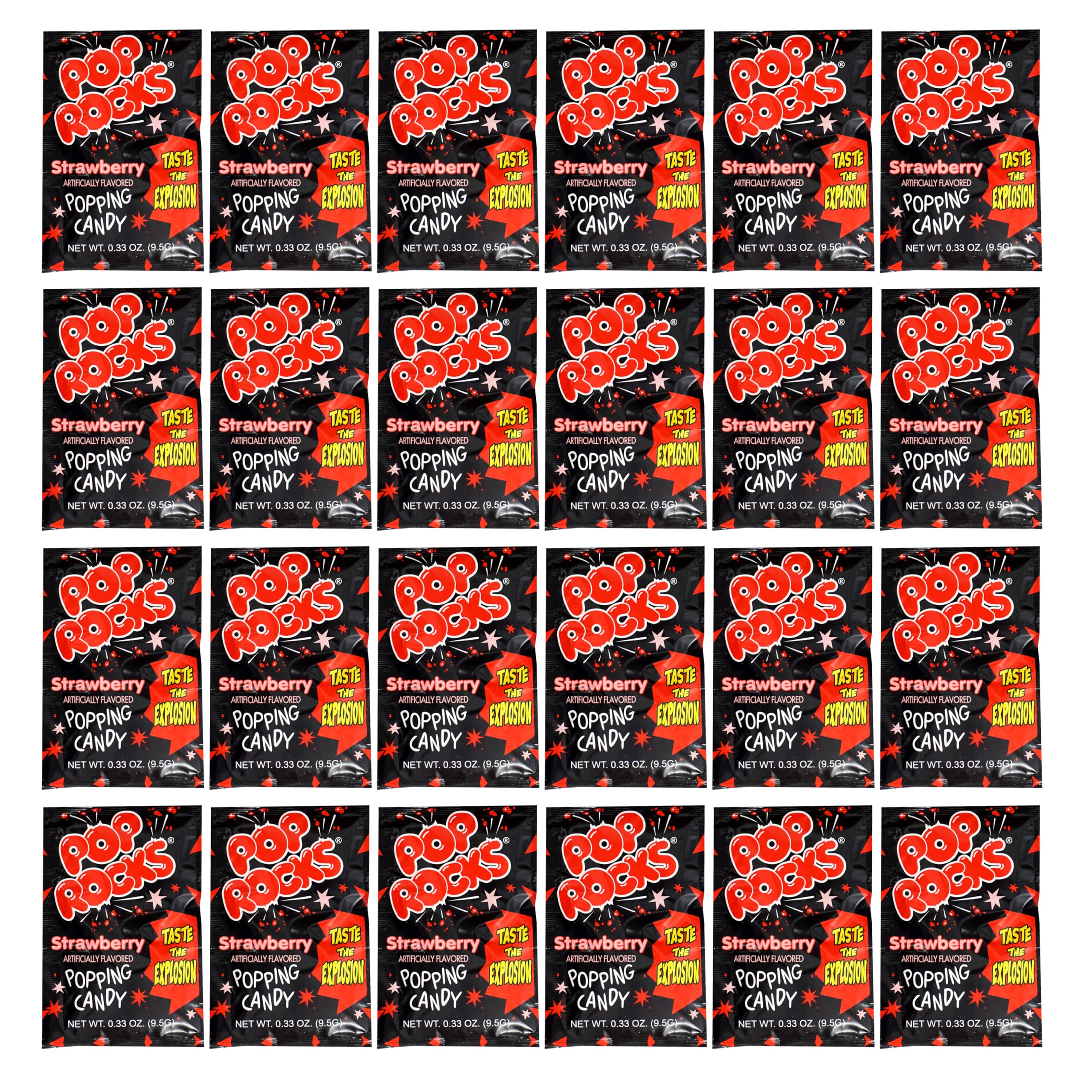 The Hampton Candy Company Pop Rocks Strawberry 24-pack front view, ideal party treat for all ages.