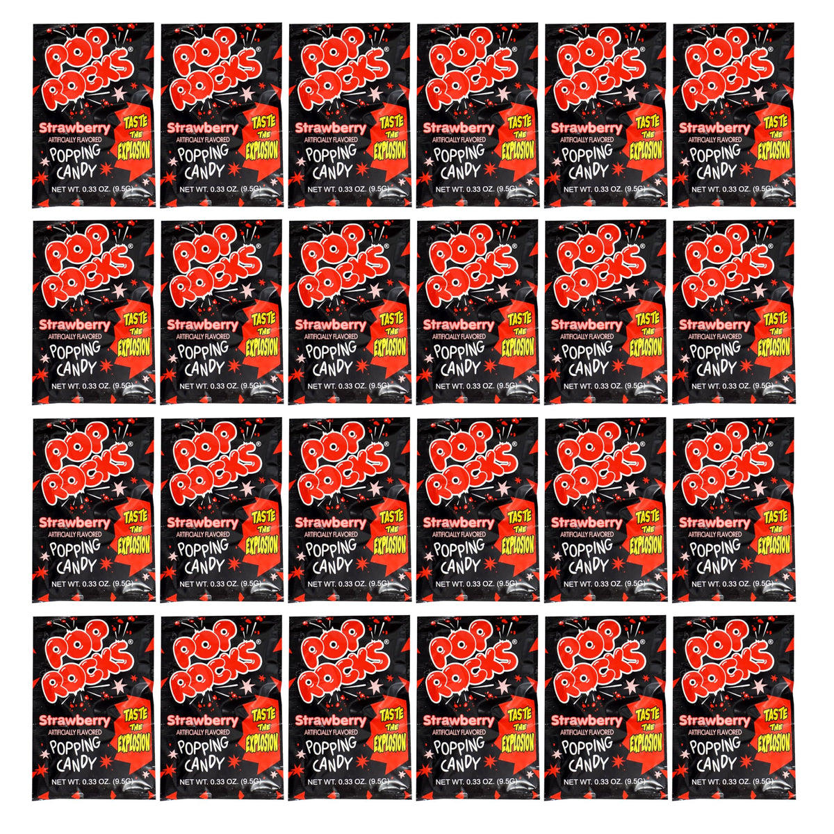 The Hampton Candy Company Pop Rocks Strawberry 24-pack front view, ideal party treat for all ages.