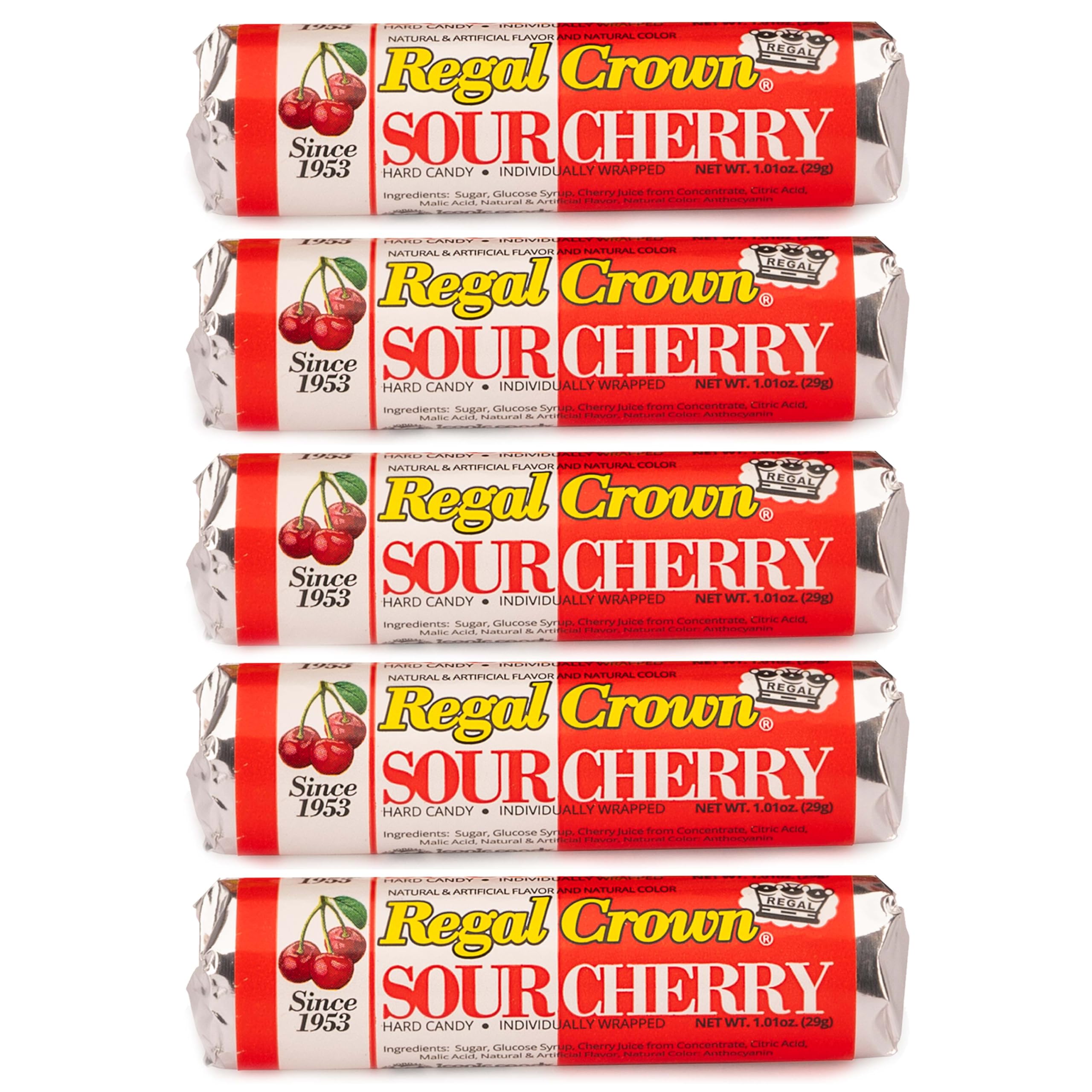 The Hampton Candy Company Regal Crown Roll Sour Cherry pack showing five rolls for sharing.