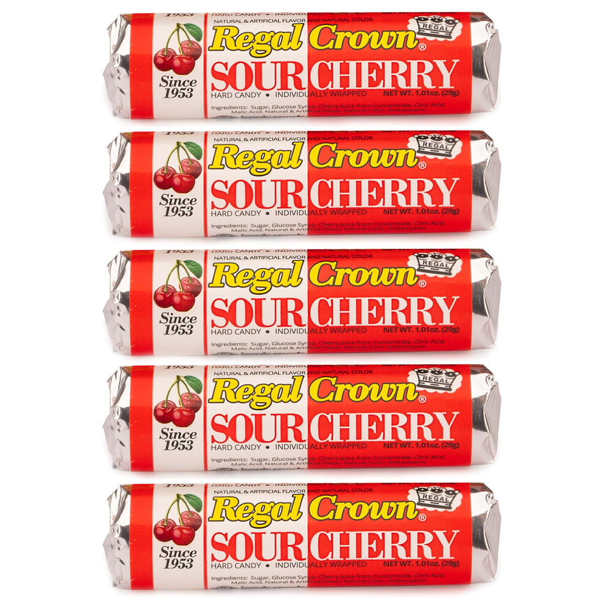 The Hampton Candy Company Regal Crown Roll Sour Cherry pack showing five rolls for sharing.