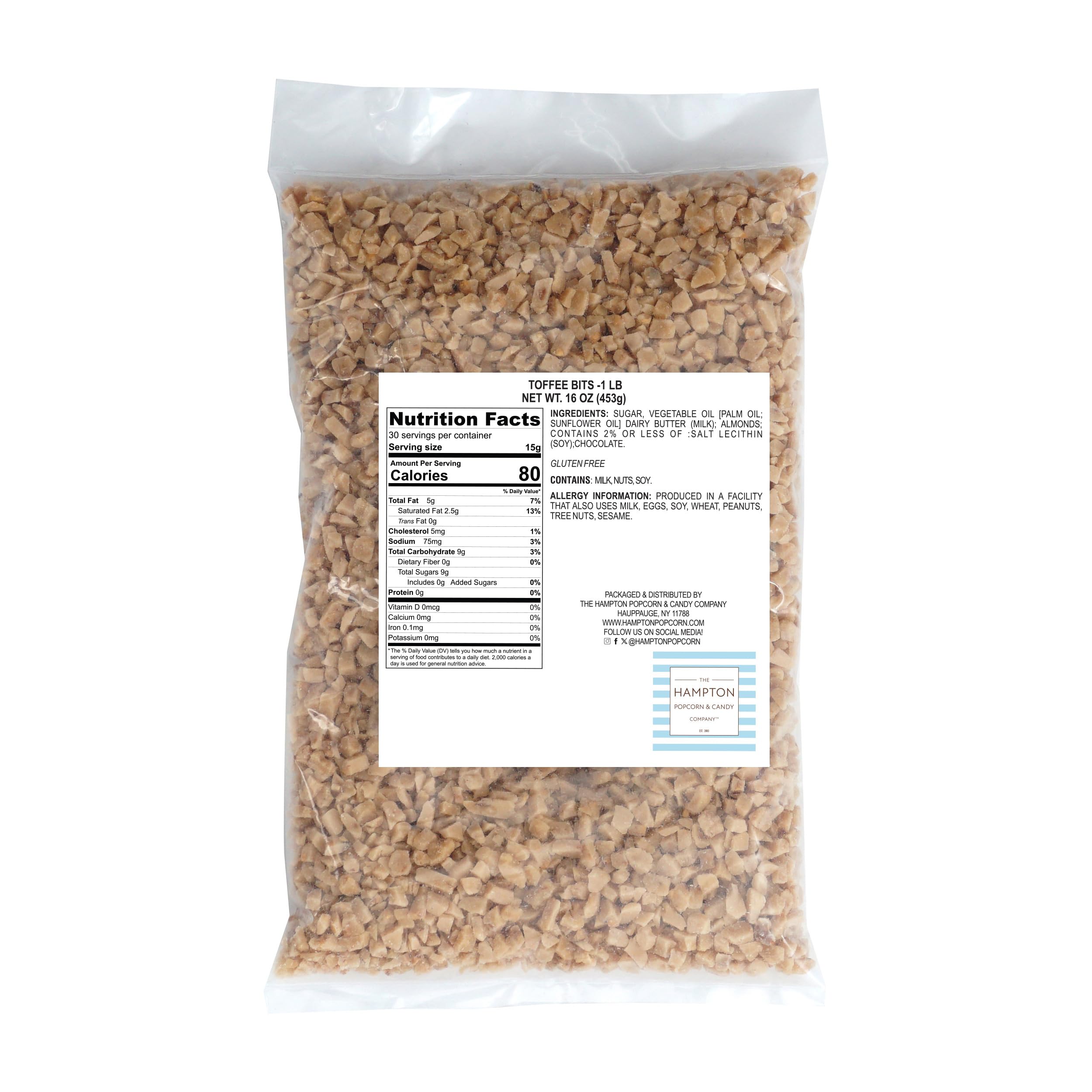 The Hampton Candy Company toffee bits 1lb bulk bag, spoon-serve close-up for easy dessert topping.