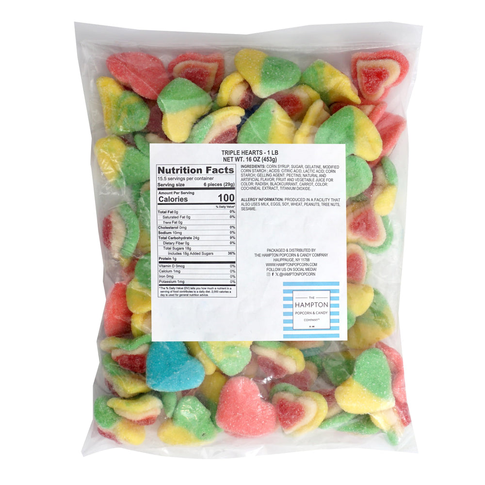 The Hampton Candy Company Triple Heart Gummies closeup showing bright colors for Valentine treats.
