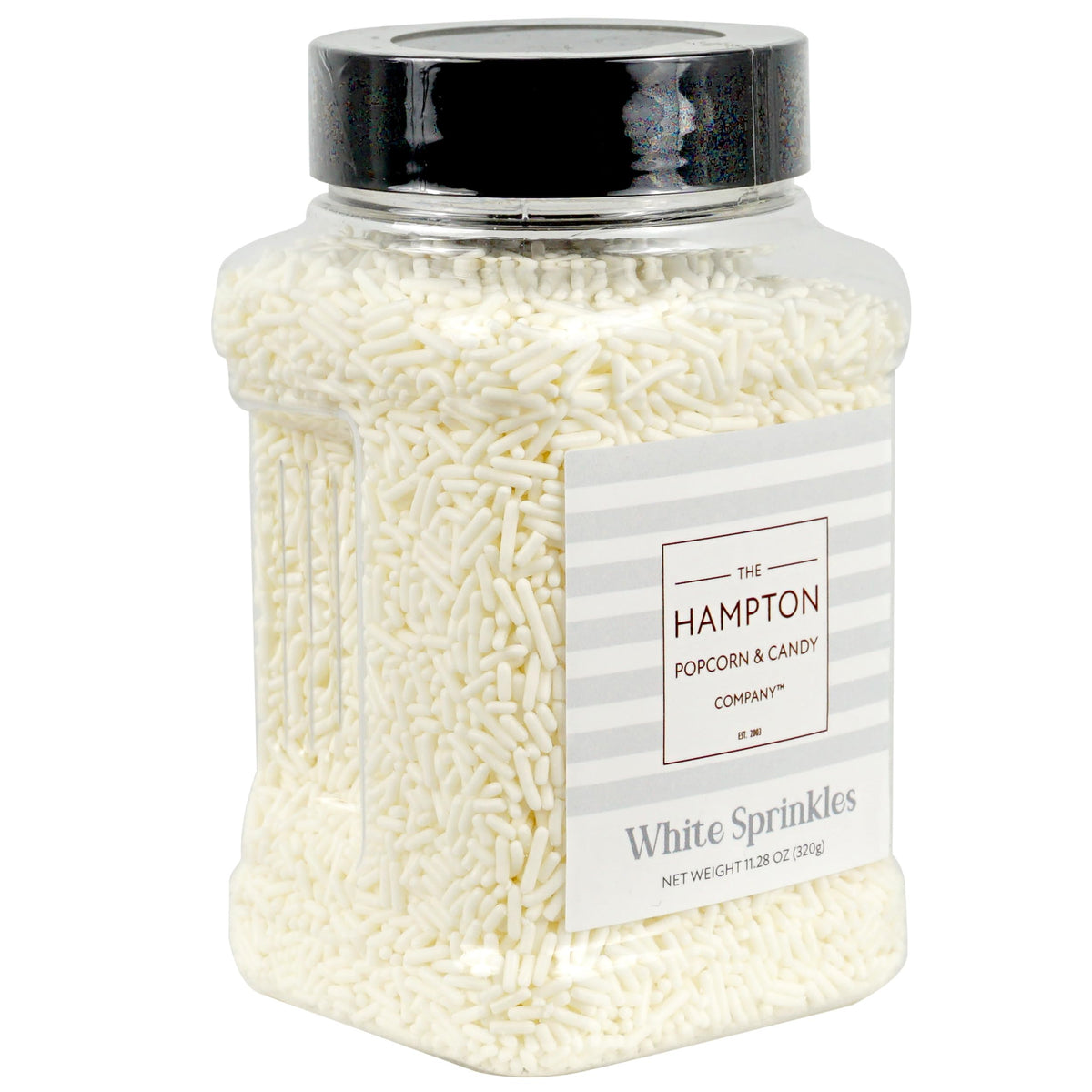The Hampton Candy Company white sprinkles jar perfect for cake decorating and baking.