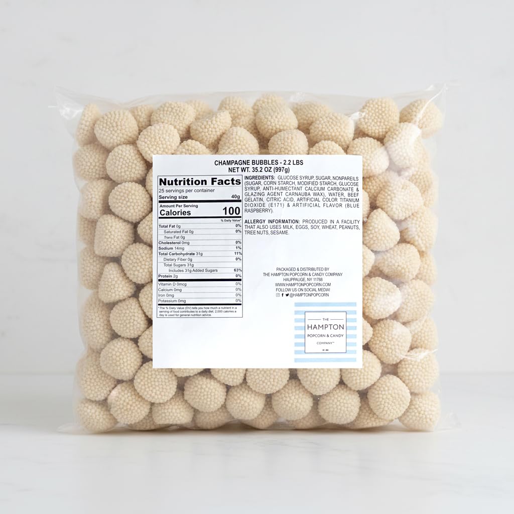 Champagne Bubbles gummies coated with non-pareils for festive crunch by The Hampton.