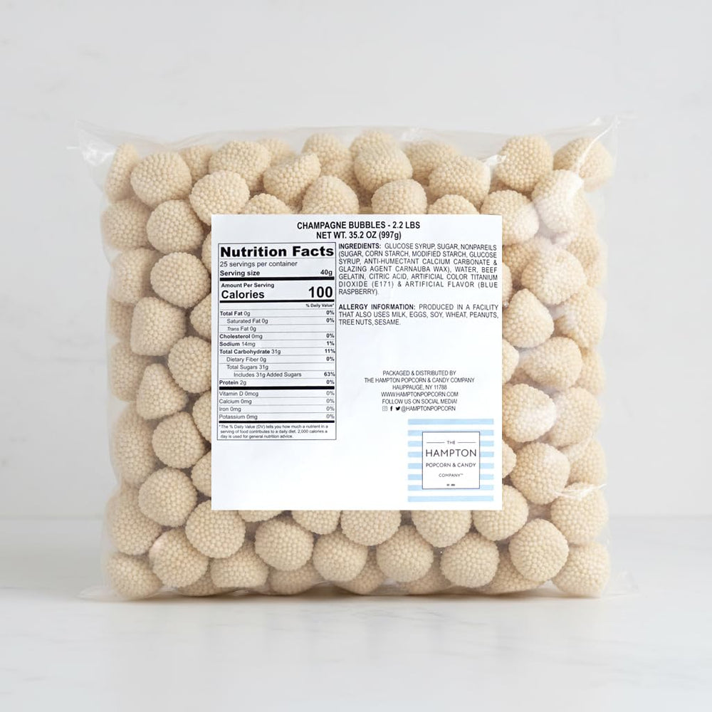 Champagne Bubbles gummies coated with non-pareils for festive crunch by The Hampton.