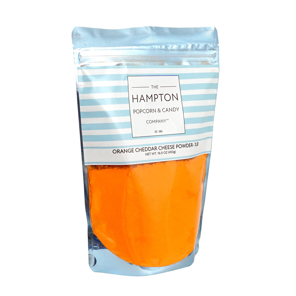 The Hampton Popcorn Company cheddar cheese powder resealable bag keeps freshness