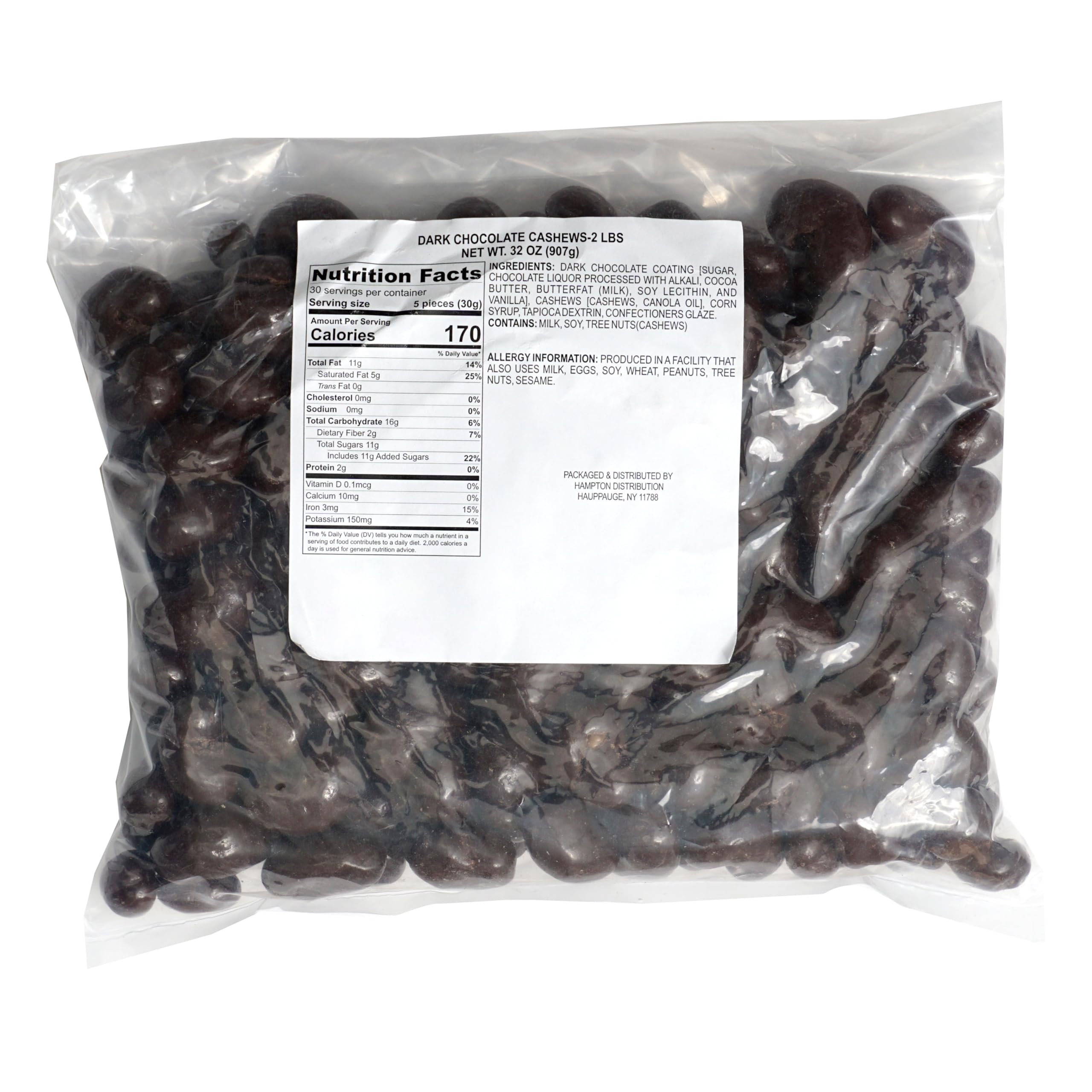 The Hampton Candy Company bulk bag dark chocolate cashews on a counter, great for sharing.
