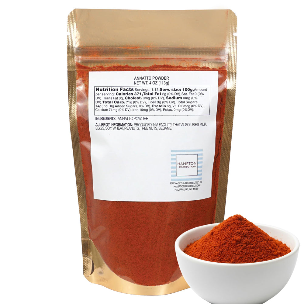 Hampton Distribution annatto powder bag front view with resealable closure.