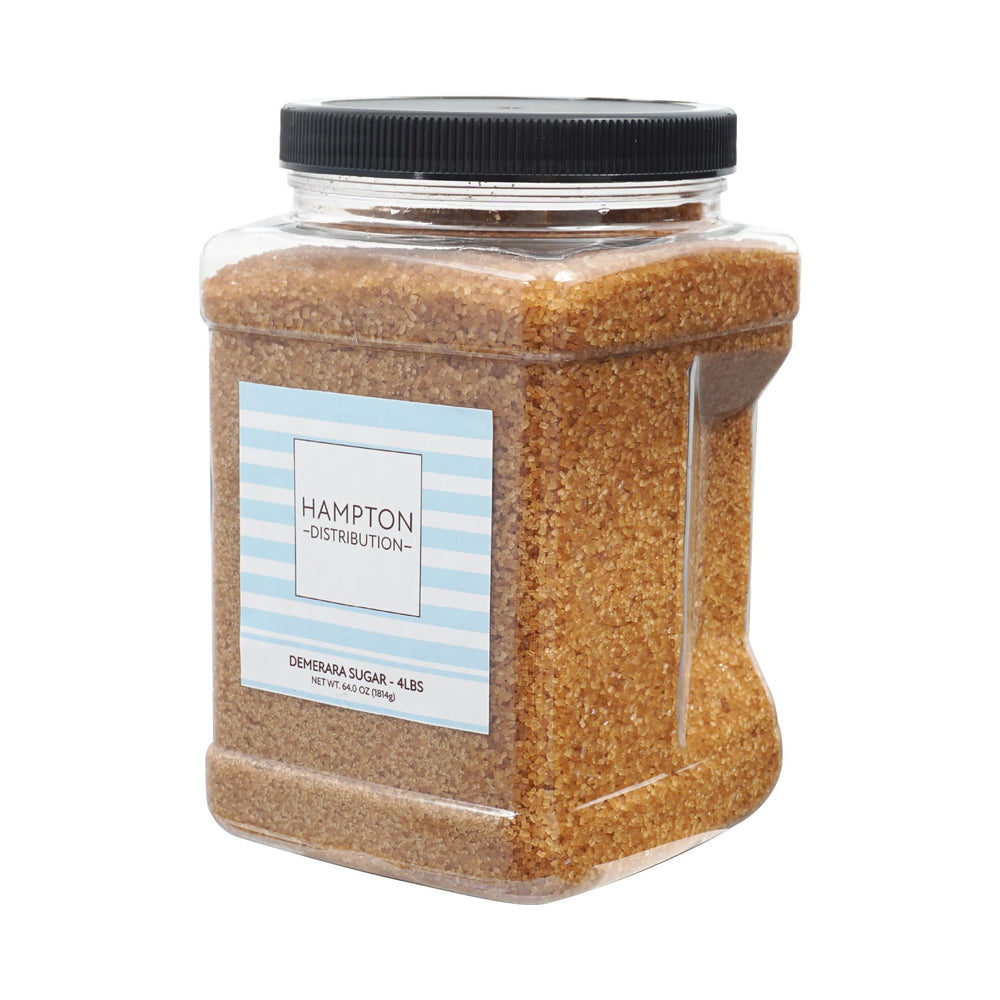 Hampton Distribution demerara sugar in a 4lb grip jar, easy to scoop for finishing touches.