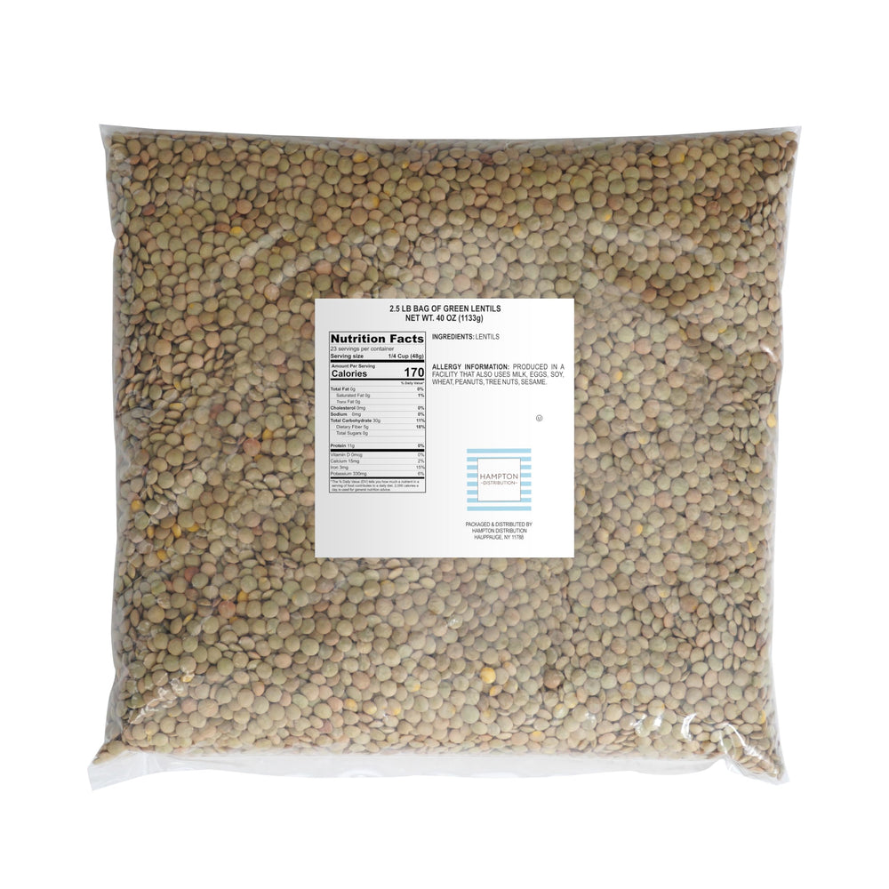Hampton Distribution green lentils closeup - dry legumes ready for soups and stews.