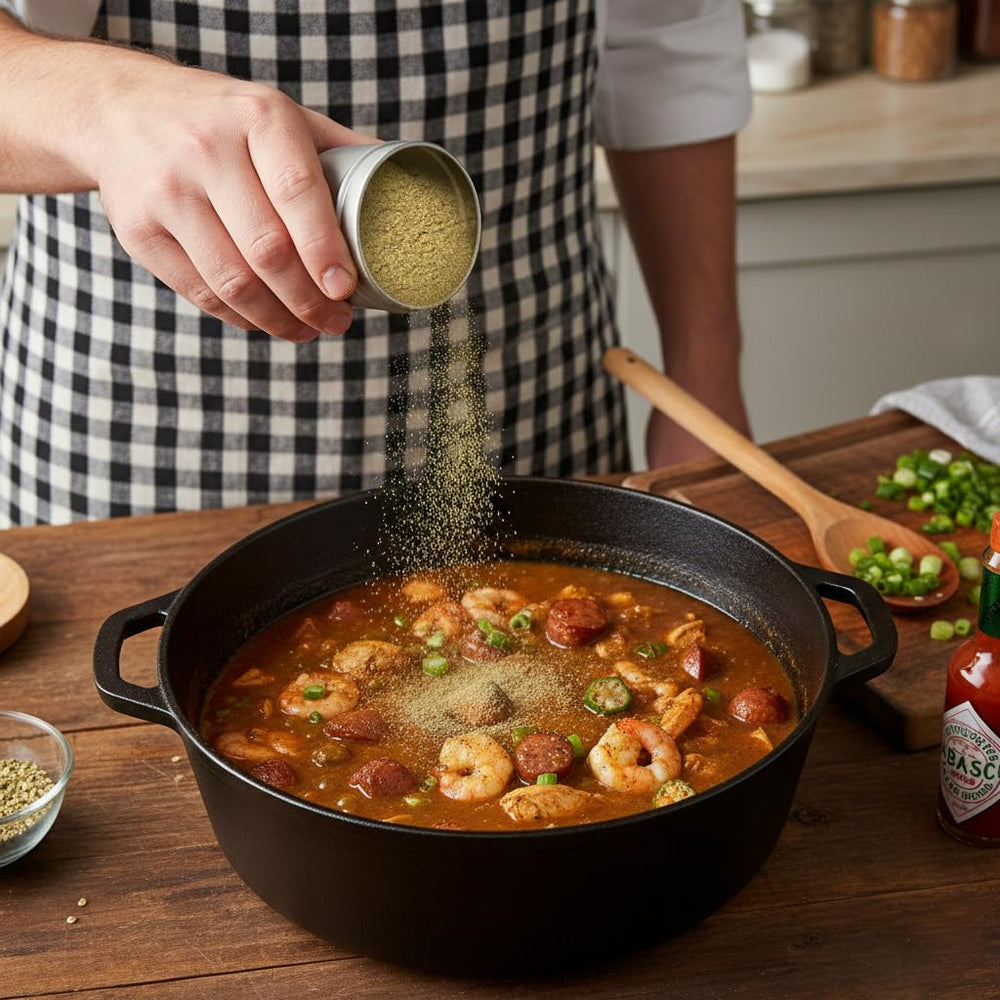 Hampton Distribution gumbo file powder in gumbo bowl enhances aroma with depth