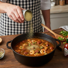 Hampton Distribution gumbo file powder in gumbo bowl enhances aroma with depth