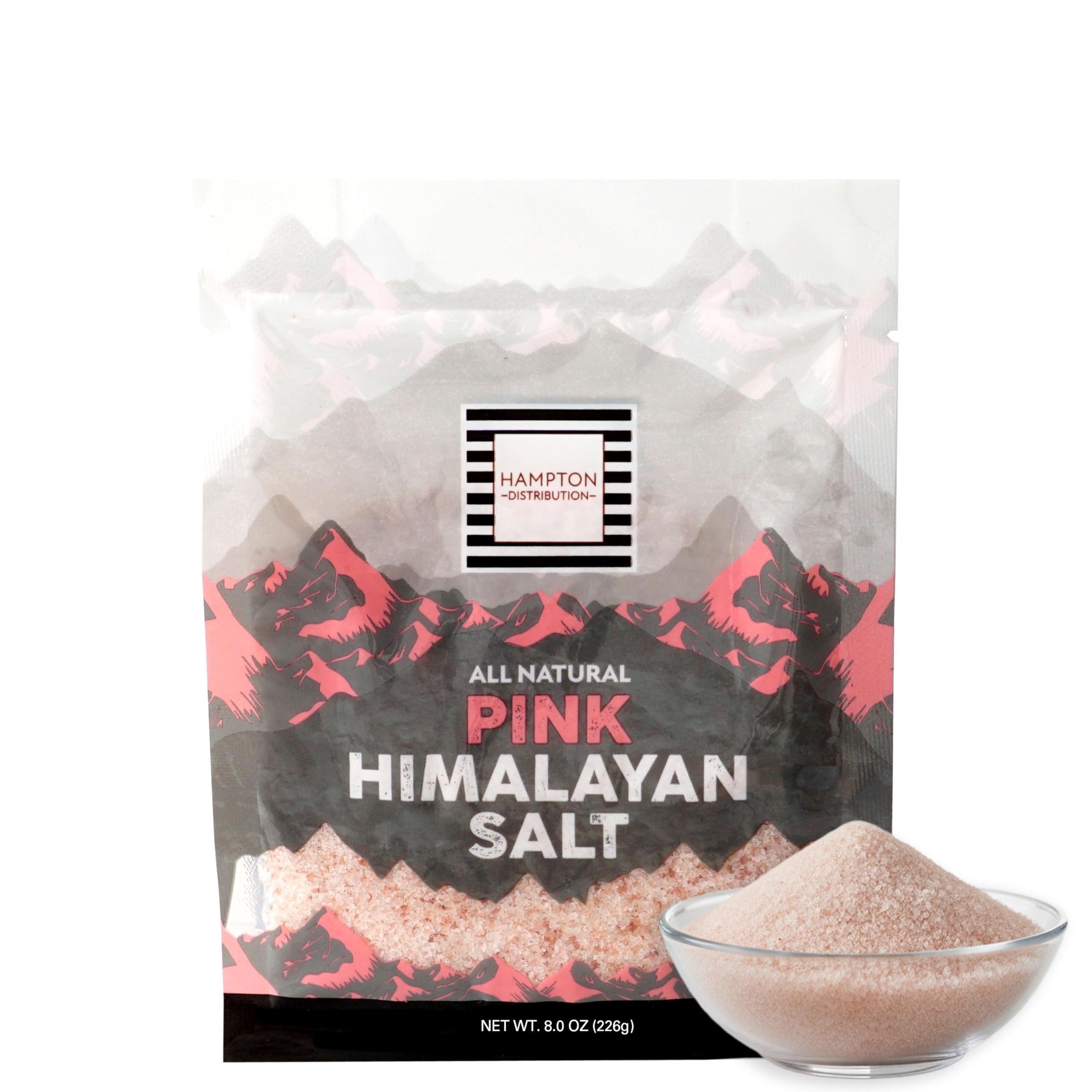 Hampton Himalayan Pink Salt 8 oz bag, fine grains for precise seasoning.