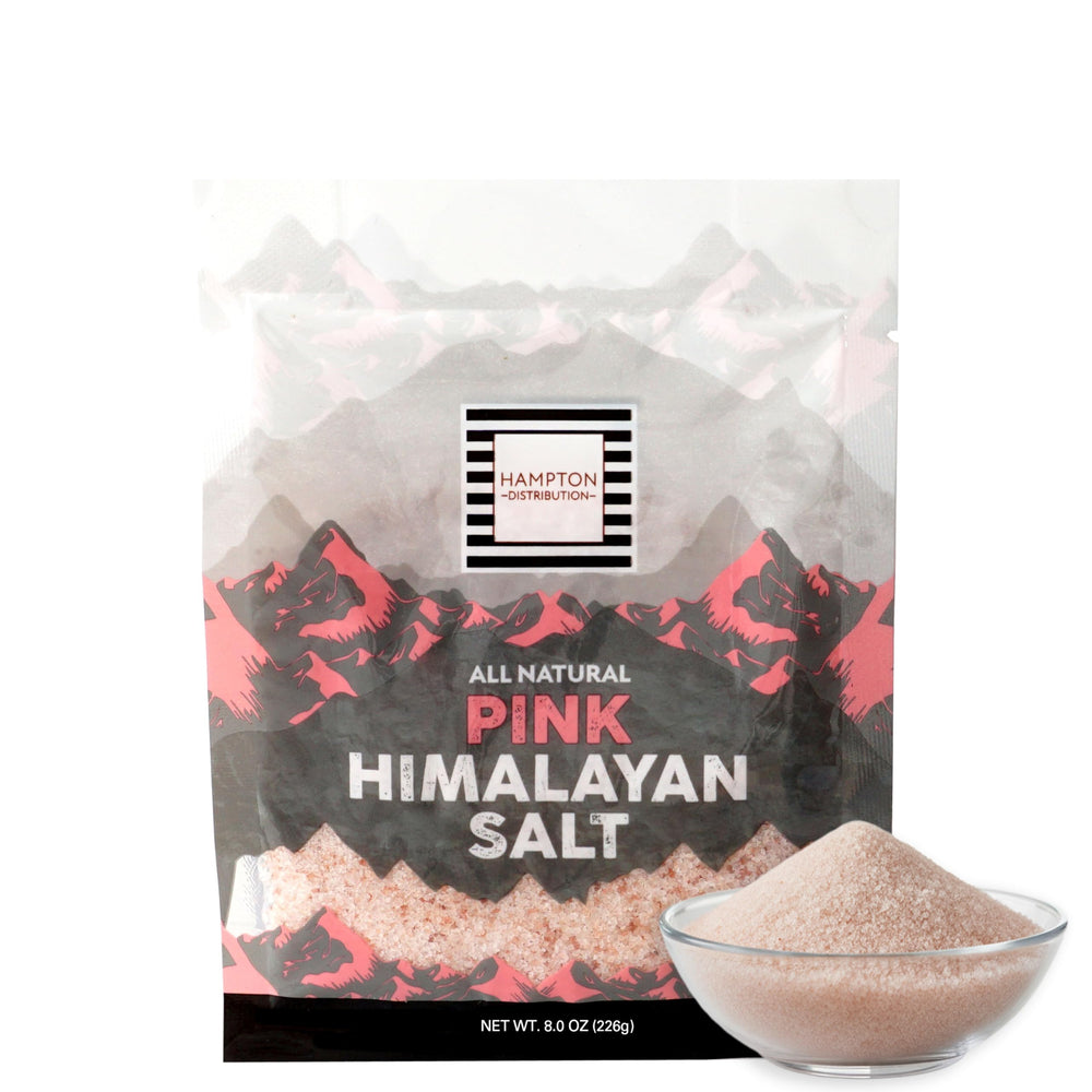 Hampton Himalayan Pink Salt 8 oz bag, fine grains for precise seasoning.