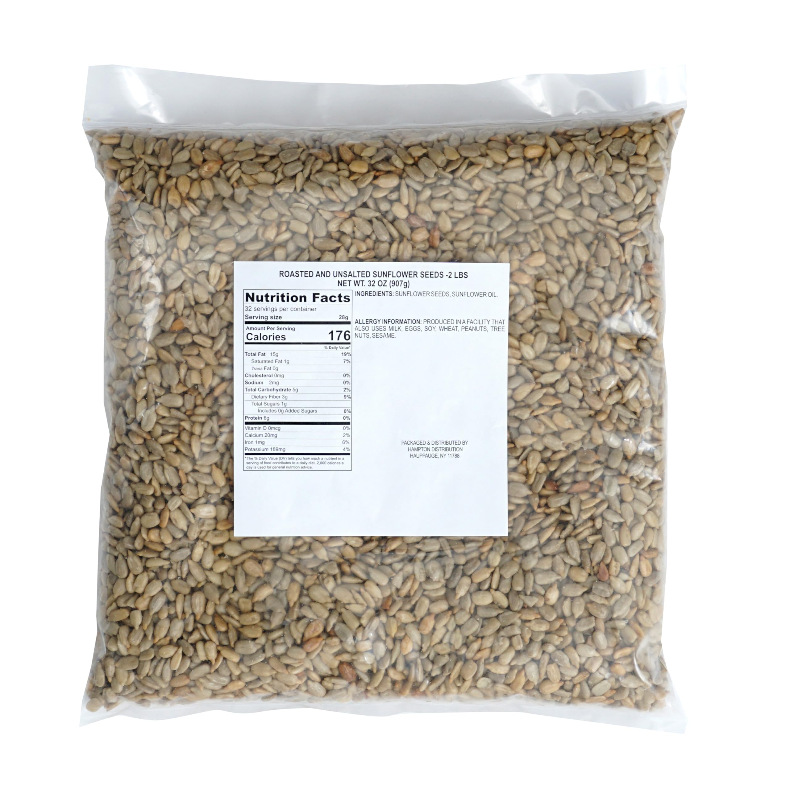 Hampton roasted unsalted sunflower seeds 2lb bulk bag, ideal for refills