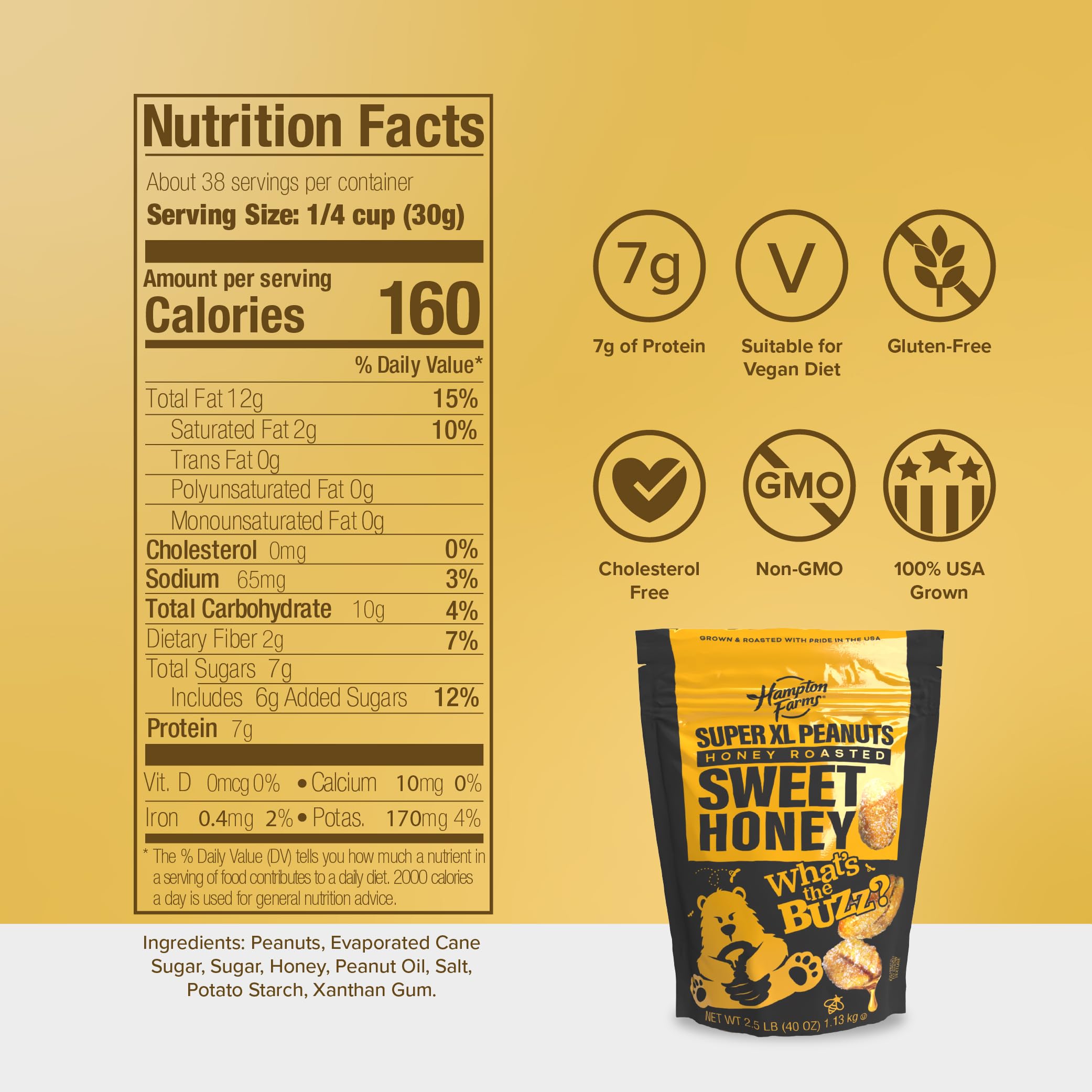 Hampton Farms honey drizzle peanuts close-up highlighting glossy glaze.