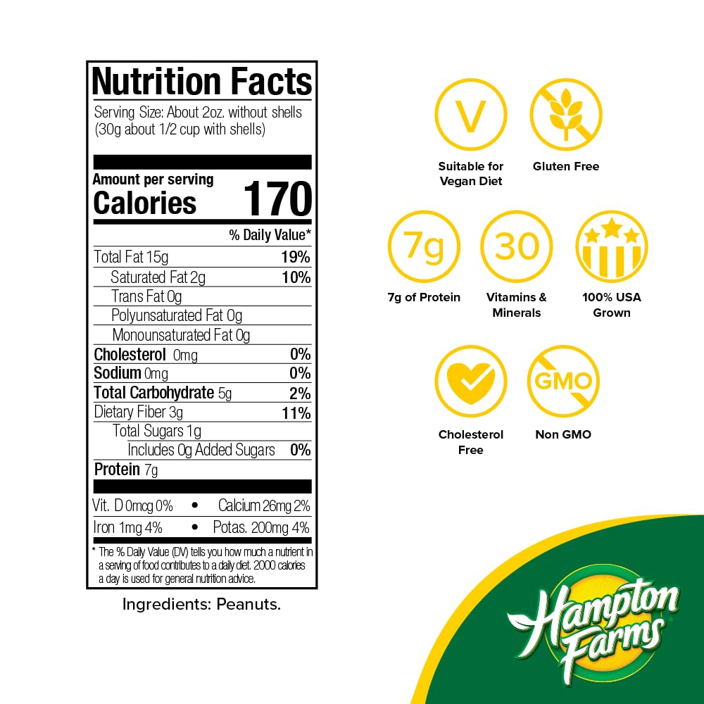 Hampton Farms unsalted in-shell peanuts 2-pack shown with fresh packaging and natural flavor.