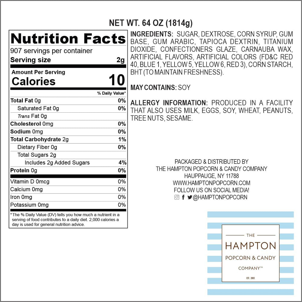 The Hampton Popcorn Company gumballs, colorful fruit flavors, great for party favors and candy displays.