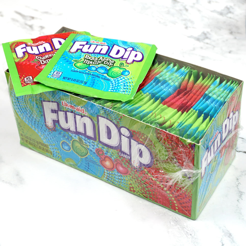 Bulk-case display featuring The Hampton Popcorn Company Lik-M-Aid Fun Dip for easy catering.
