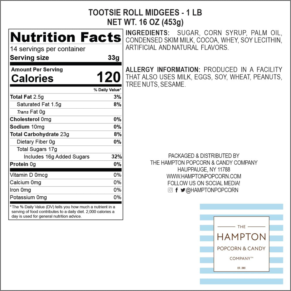 The Hampton Popcorn Company Tootsie Roll Midgees individually wrapped minis, easy party favors.
