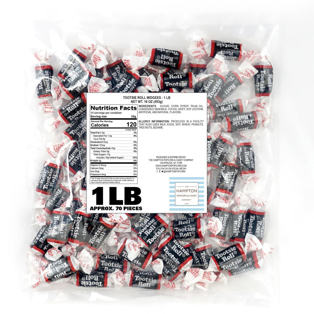 Tootsie Roll Midgees minis close-up showing chewy chocolate candy, ideal for lunchboxes.