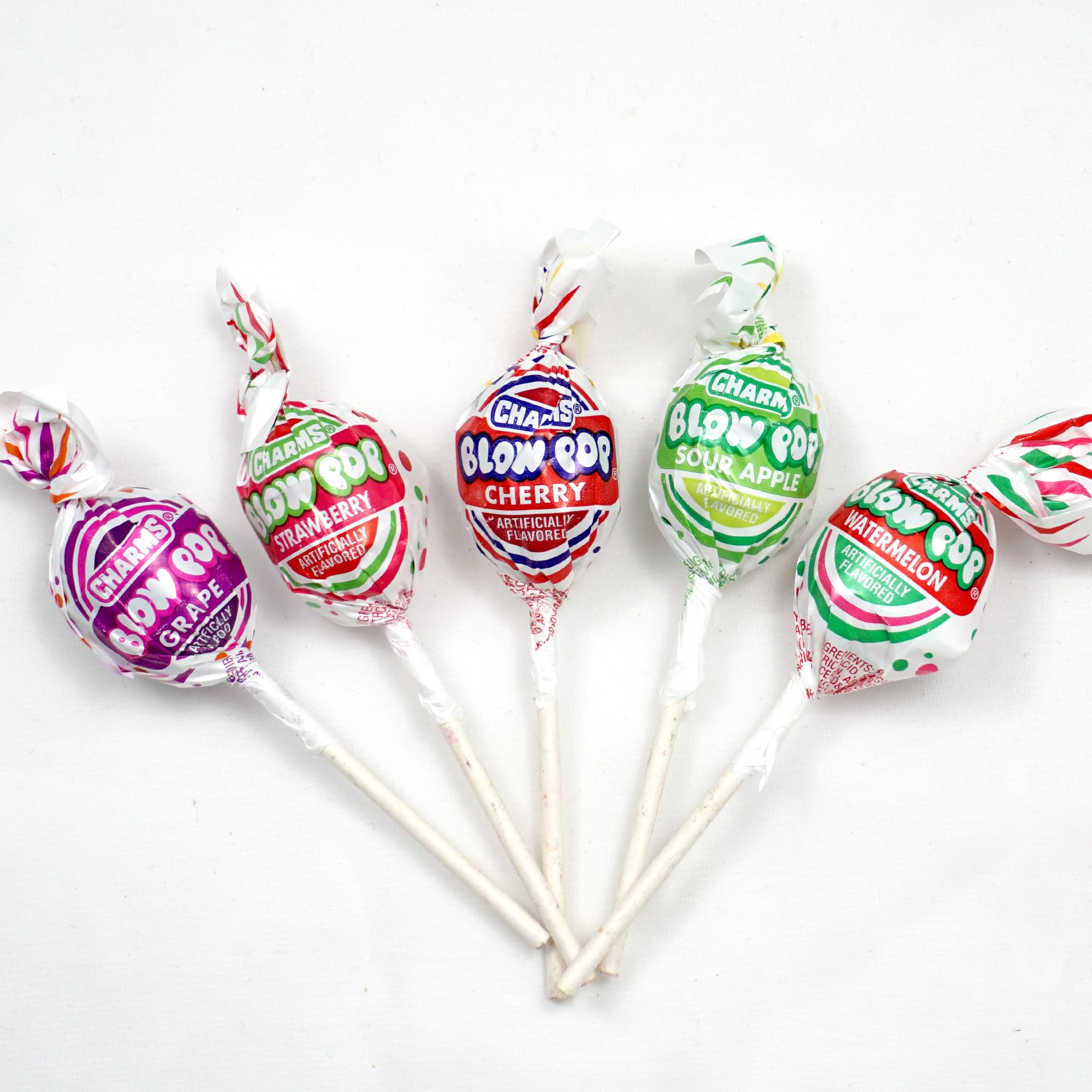 Charms Blow Pops bubble gum center wrapped candy for kids' treats.