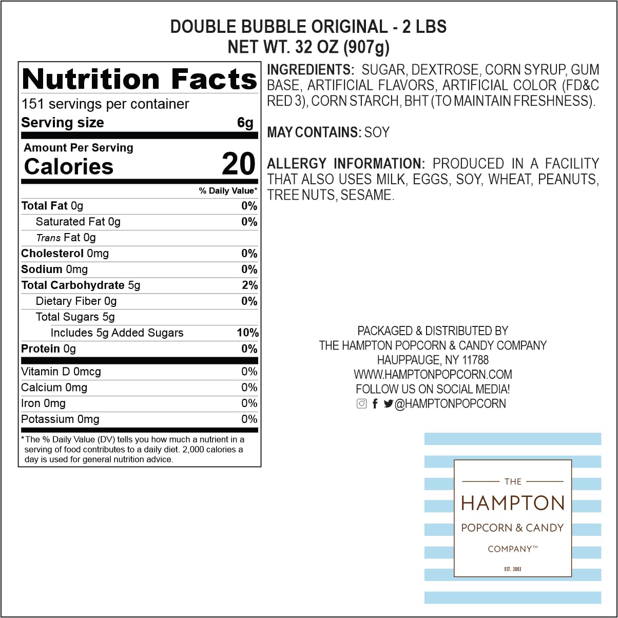 Hampton Popcorn Company Double Bubble gum individually wrapped pieces for on-the-go snacking.