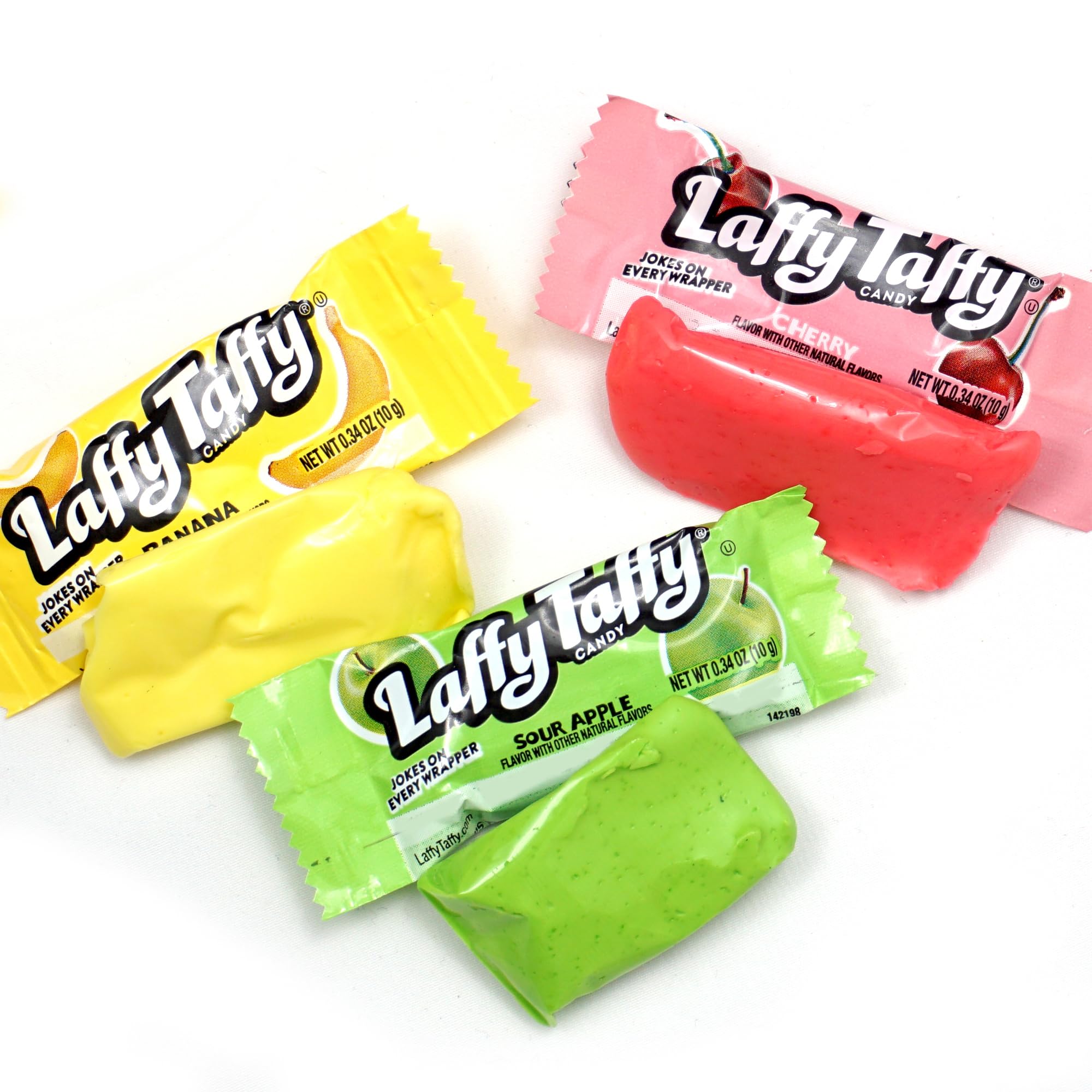 Three fruity Laffy Taffy flavors—Banana, Cherry, Sour Apple—chewy and shareable.