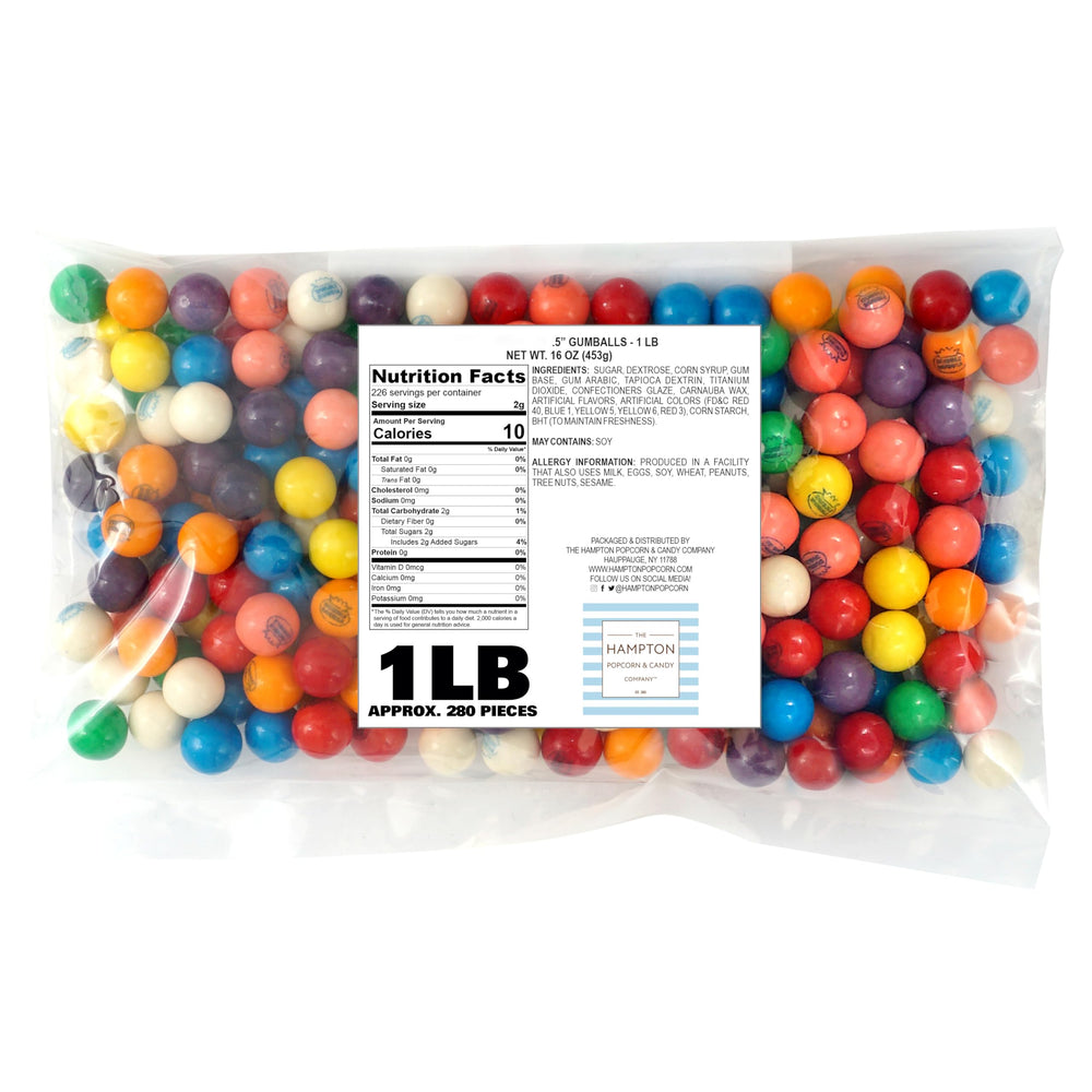 The Hampton Popcorn Company gumballs 0.5-inch, ideal for restocking a candy dispenser.