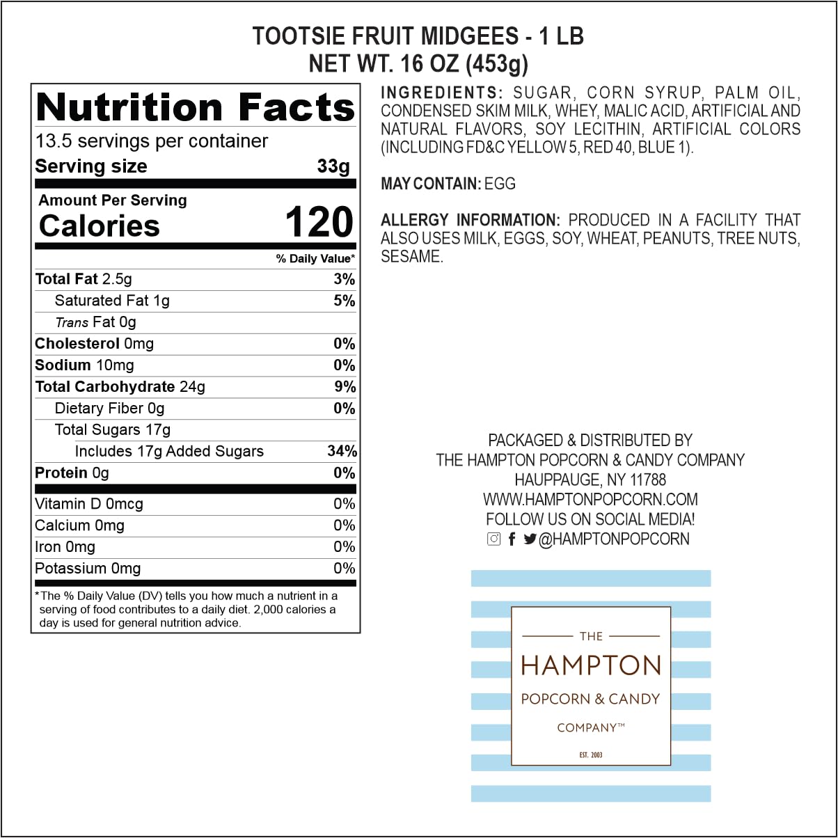 TootsieFruit Chews 1lb bag label from Hampton Popcorn Company