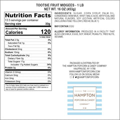 TootsieFruit Chews 1lb bag label from Hampton Popcorn Company