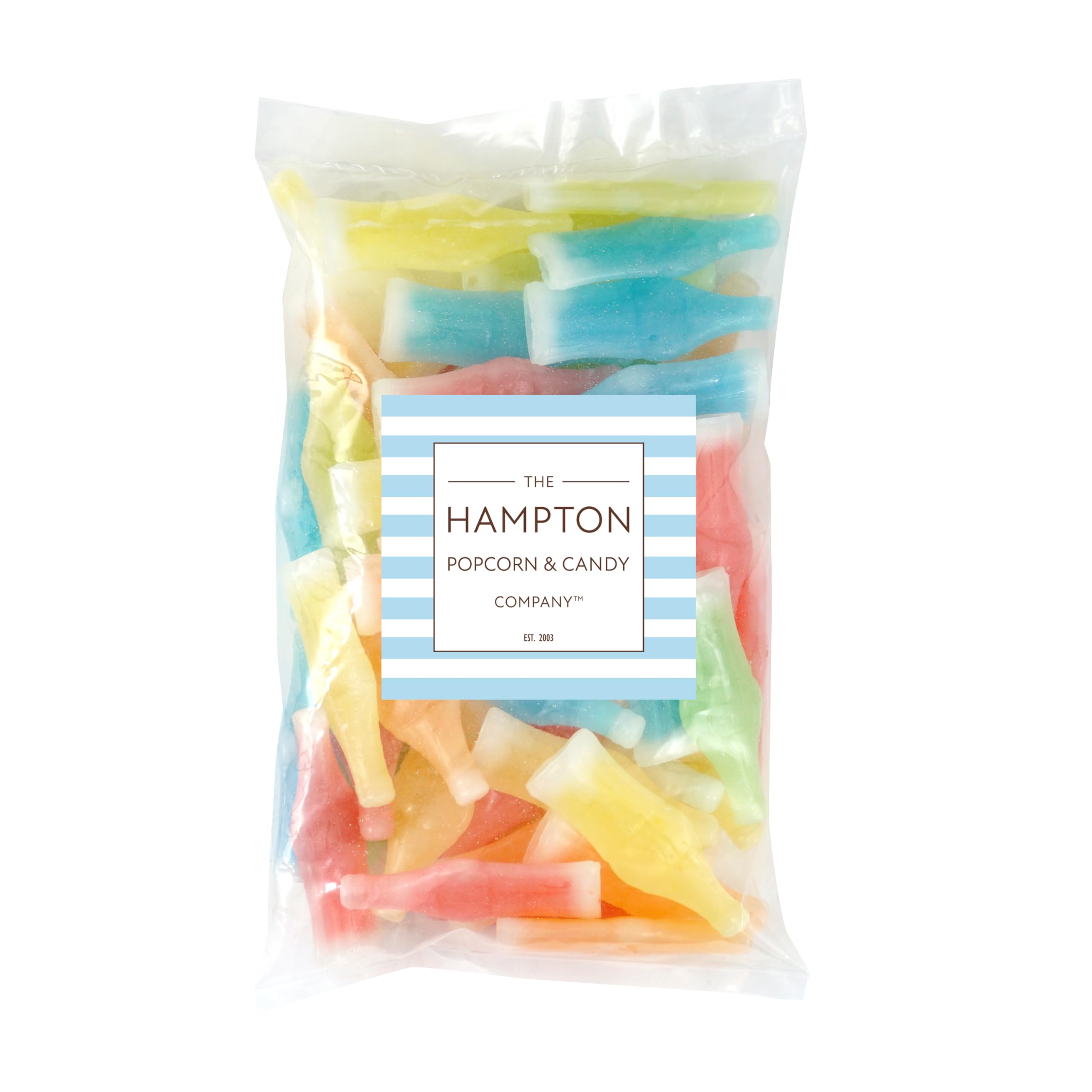Retro packaging of Hampton Popcorn Company wax bottle candy evokes vintage gift charm.