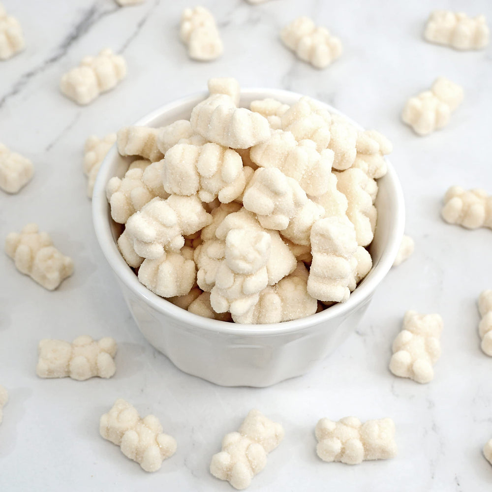 Closeup of white-sugared gummy bears from The Hampton Popcorn Company