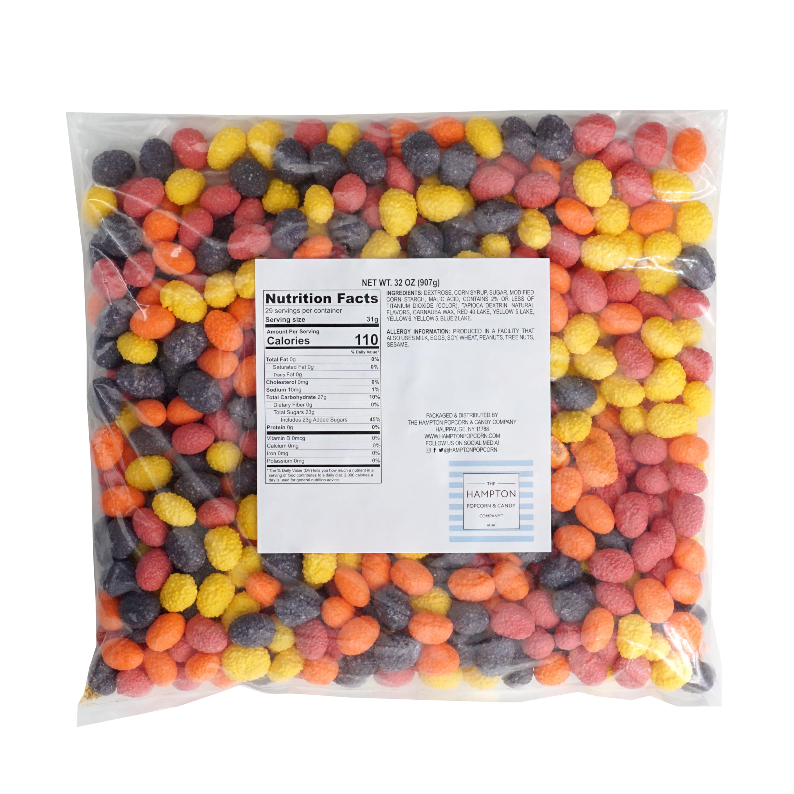 The Hampton Popcorn Company fruity flavors close-up with orange, lemon, strawberry, grape.