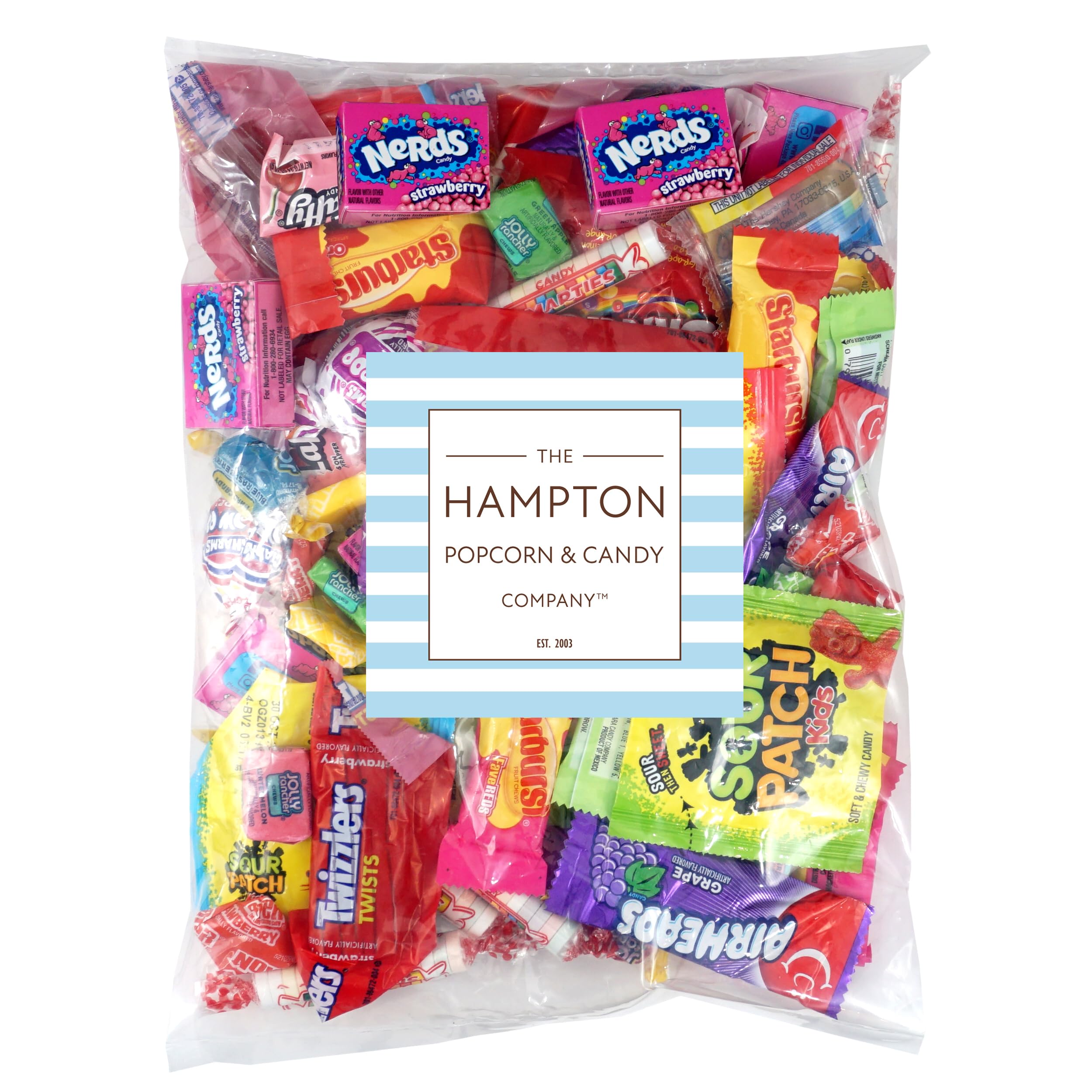 The Hampton Popcorn Company assortment on display with colorful individually wrapped treats for parties.
