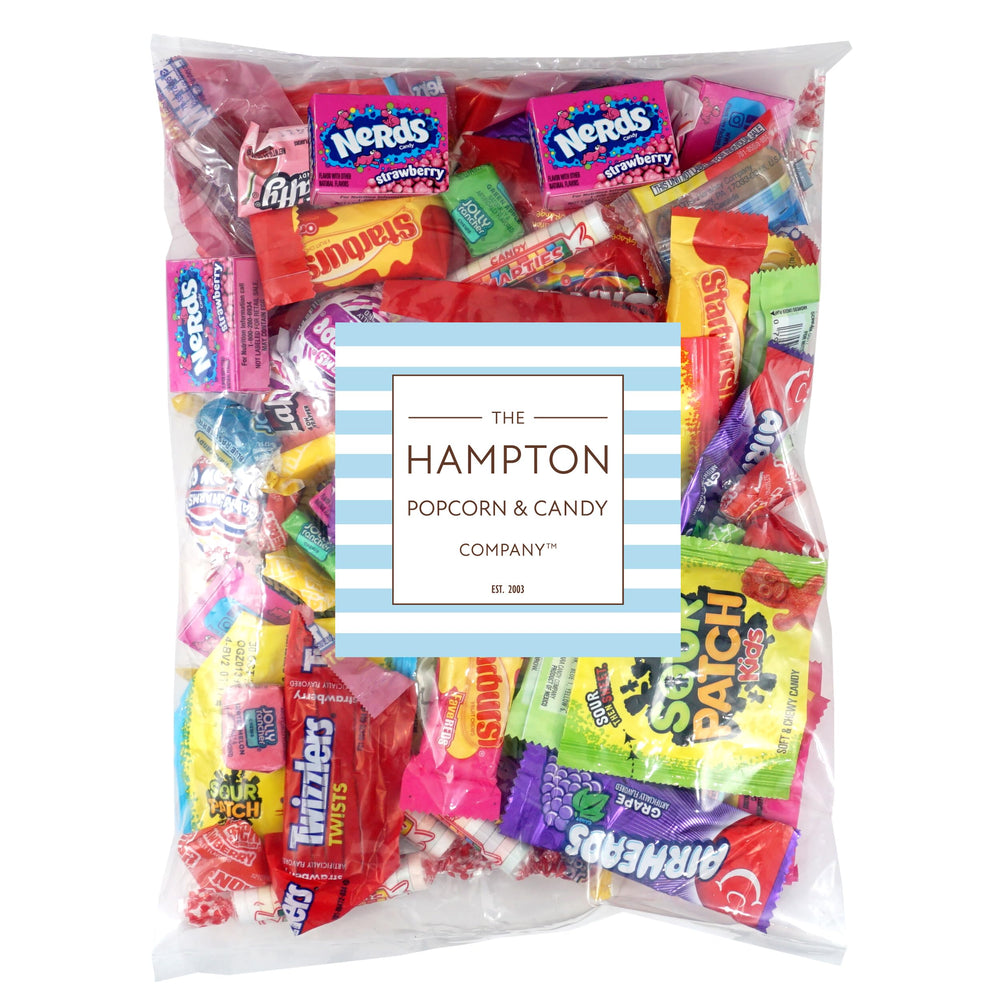 The Hampton Popcorn Company assortment on display with colorful individually wrapped treats for parties.