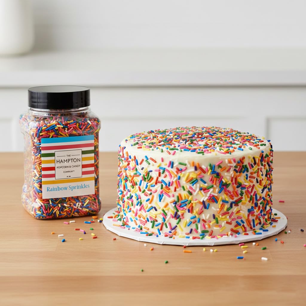 Cupcakes topped with The Hampton Rainbow Sprinkles for a celebratory, colorful finish.