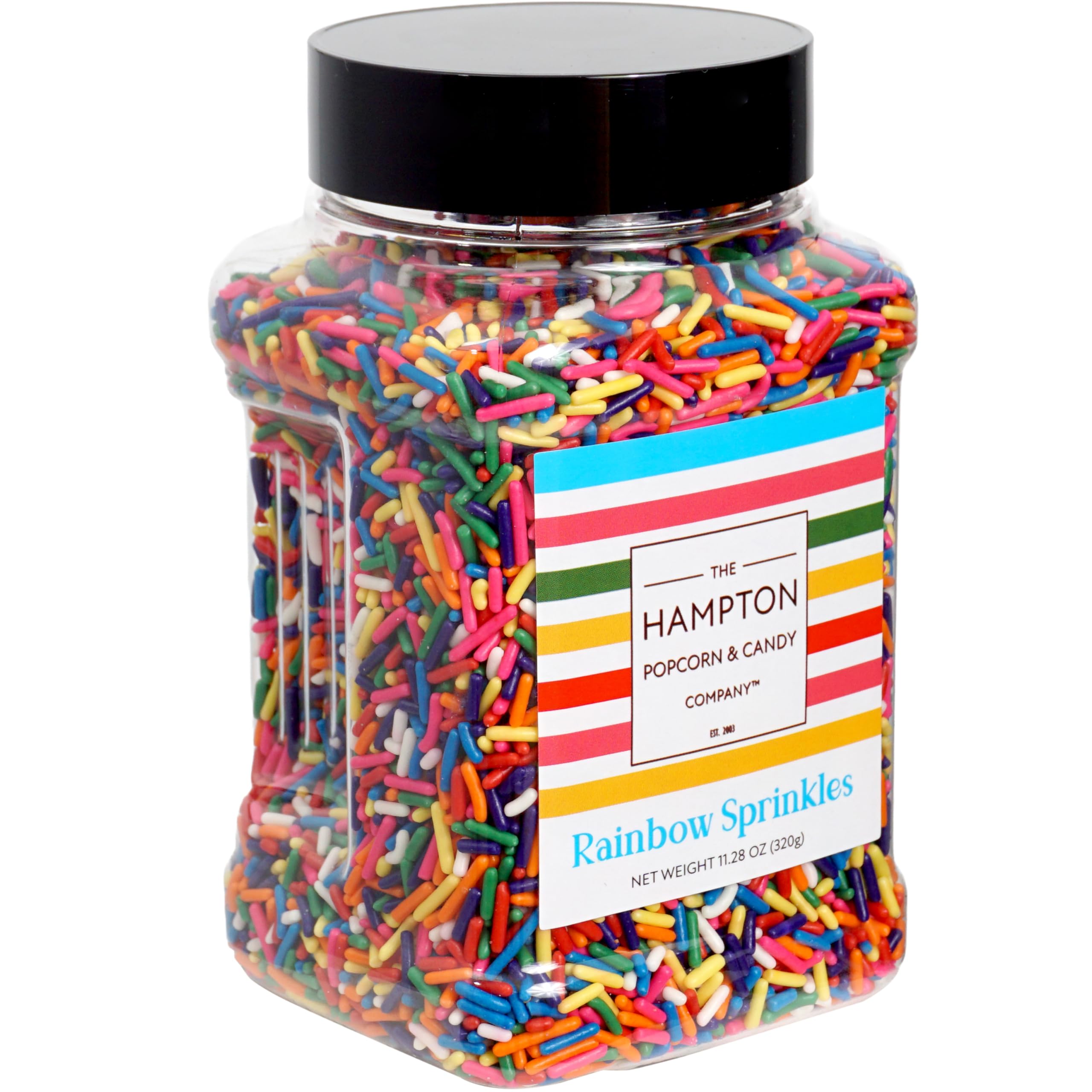 The Hampton Rainbow Sprinkles jar adds vibrant color for festive cake decorating.
