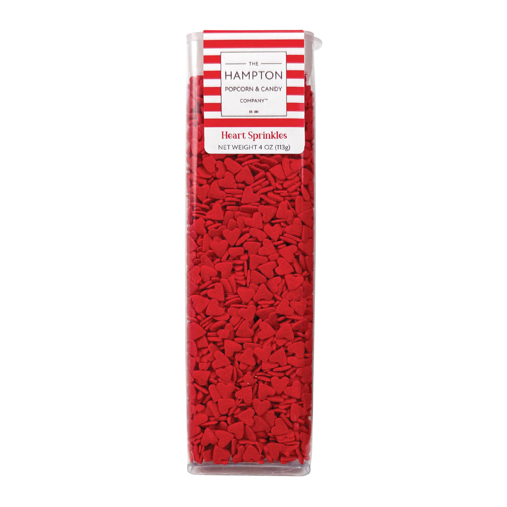 The Hampton Red Hearts Sprinkles 4oz jar keeps decorations ready for celebrations.